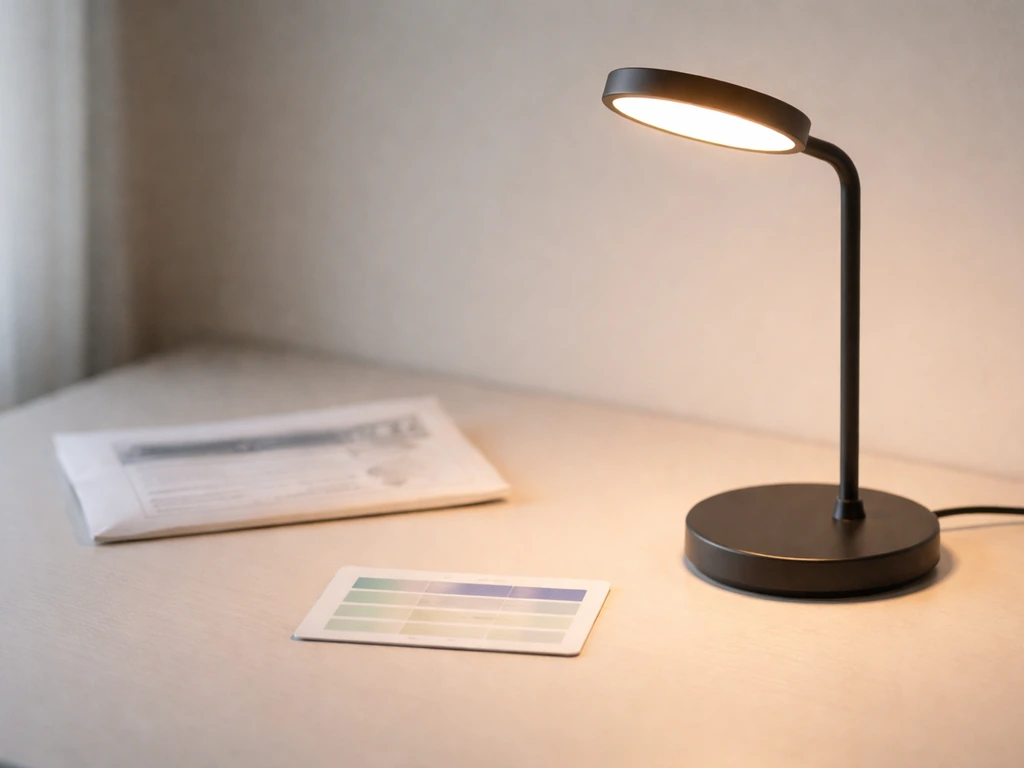 Juhefa-style desk light glowing beside a simple electricity cost card showing energy value
