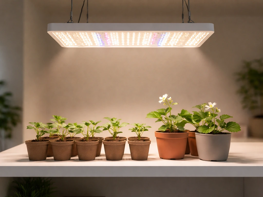 A glowing grow light hanging above seedlings in a tidy indoor setup, showing the bright spectrum.