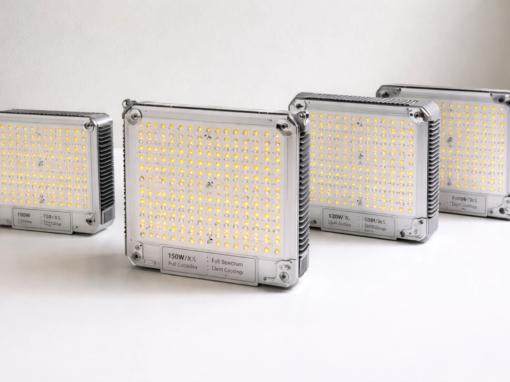 Four different LED grow light panels placed side-by-side on a white table with visible spec tags.