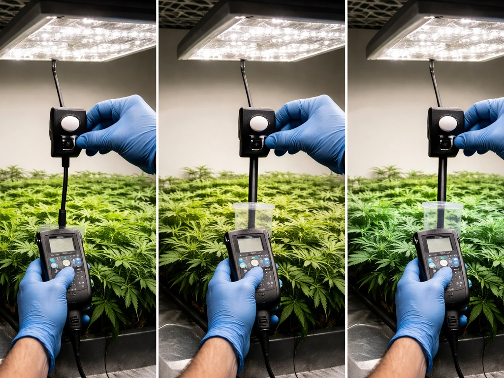 Gloved hand holding a PPFD meter over a grow canopy, comparing light intensity at different distances.