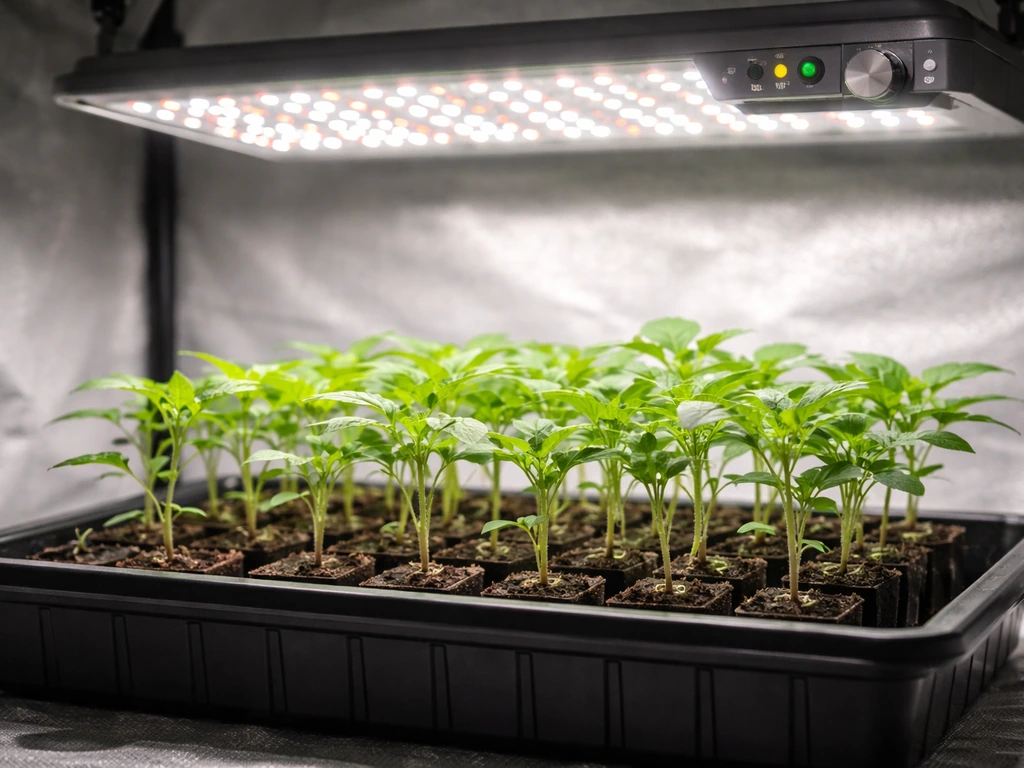 Close-up of a seedling/clones tray under a dimmed LED grow light with visible panel distance