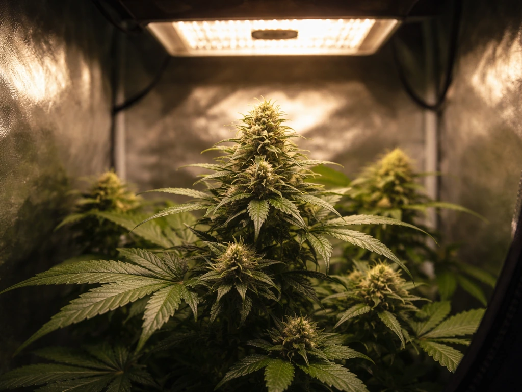 Flowering buds inside a small grow tent under a glowing bloom-mode grow light at proper height.