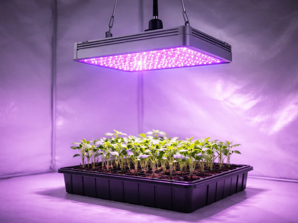 Bluer purple grow light hanging over a small tray of herb seedlings in a simple indoor setup