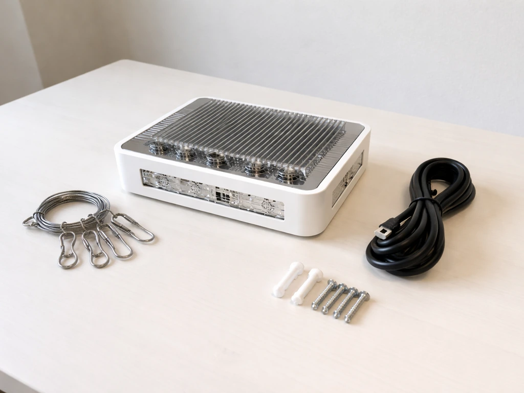 Unboxed grow light fixture with hanging kit and power cord laid out on a plain table