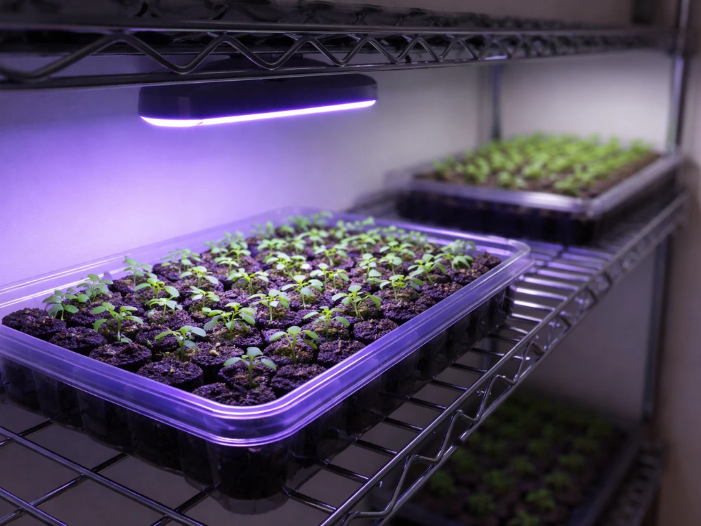 Seedlings in a tray under a compact purple-blue grow light, with a dimmer farther area for comparison.
