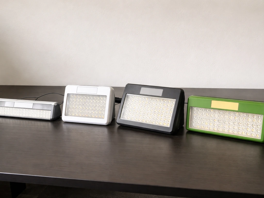 Four budget grow lights side-by-side on a tabletop, different compact form factors visible.