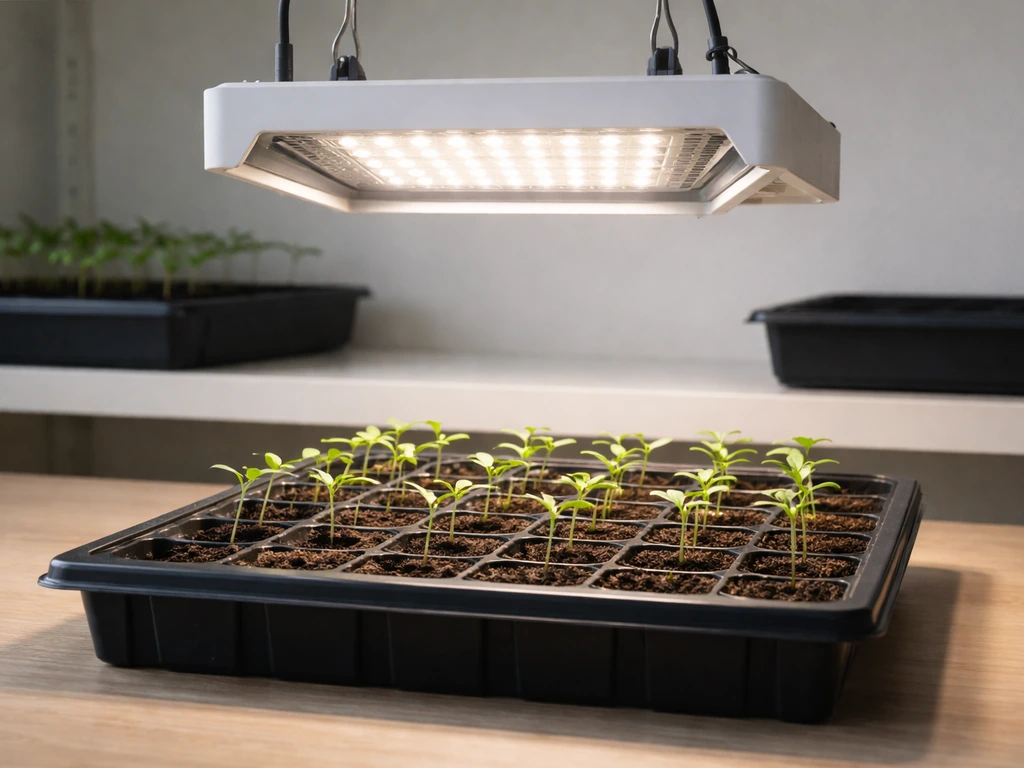 A compact LED grow light over a tray of seedlings in a simple indoor grow setup