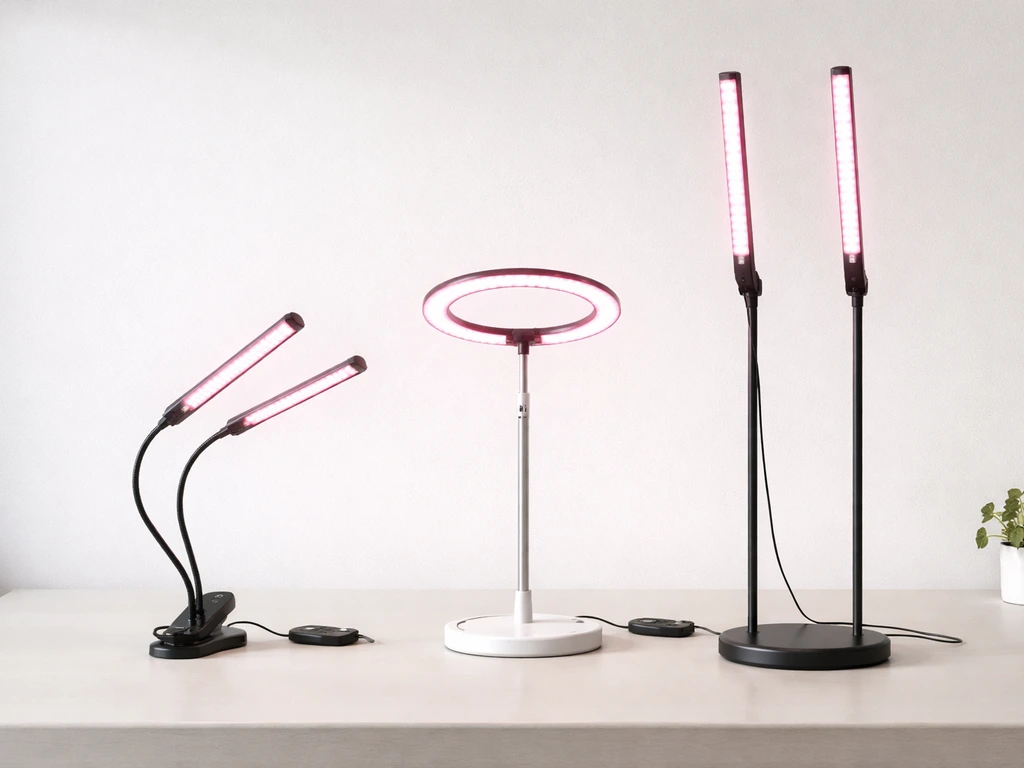 Three grow lights (desktop clip/pole, halo kit, and tall bar) arranged side-by-side on a neutral tabletop.