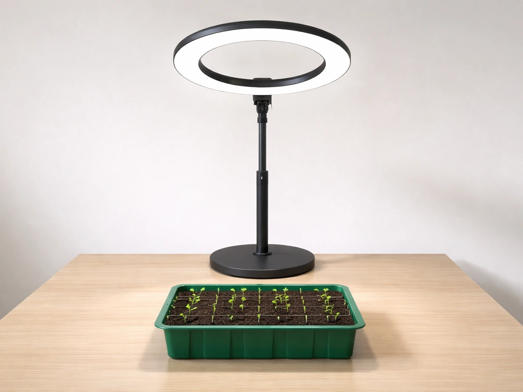 Halo ring light kit mounted above a small seedling tray, showing the pole, base, and ring geometry.