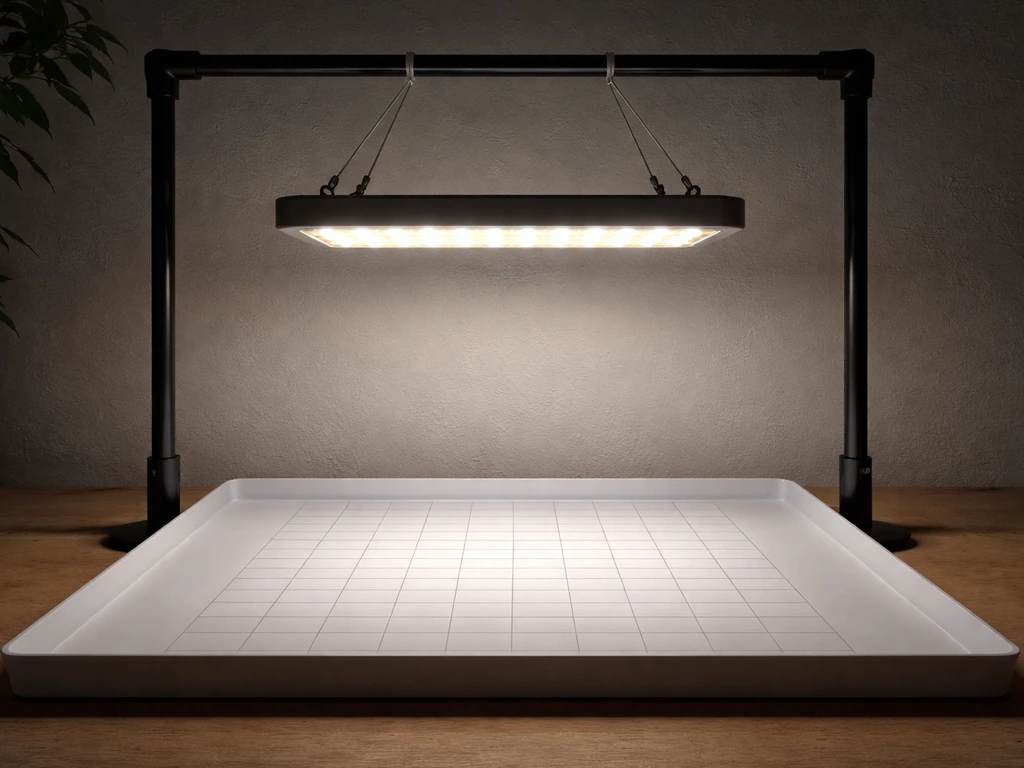 A hanging LED fixture shines over a white tray with a simple grid showing light coverage uniformity.