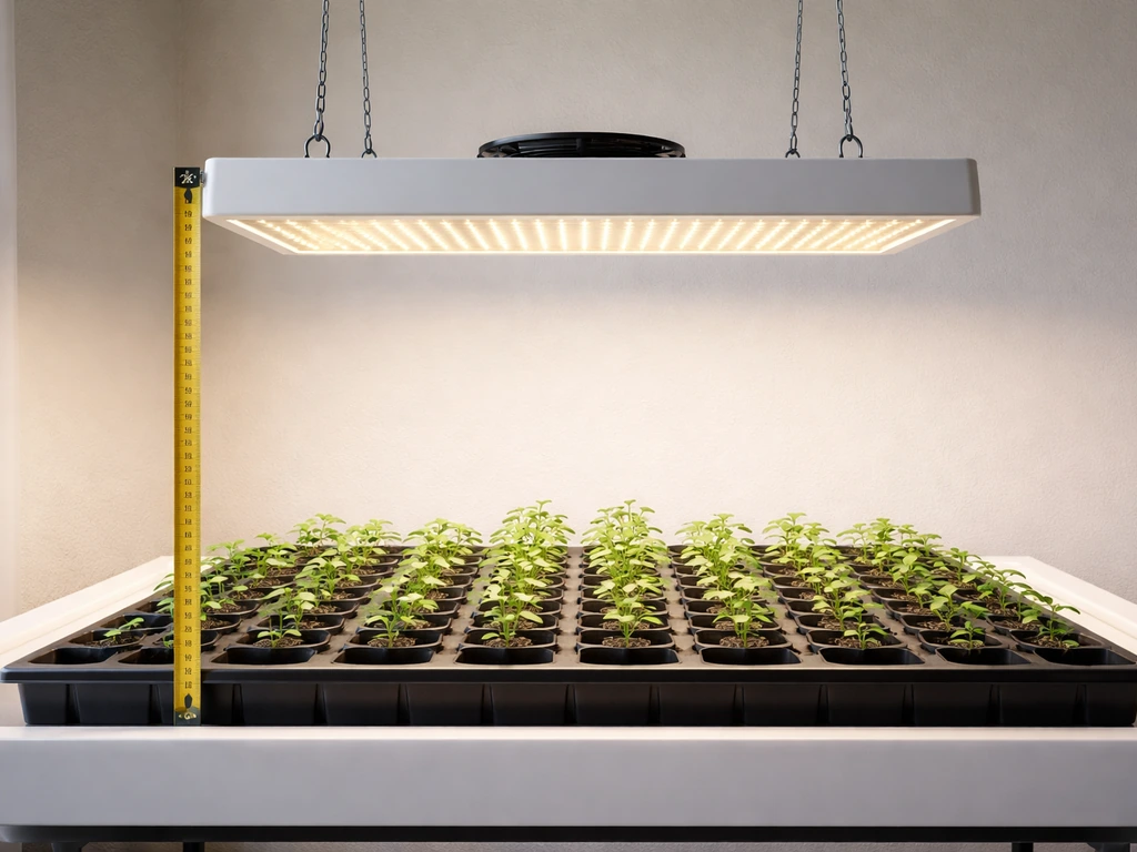 KA-1000-style grow light suspended about 24 inches above a seedling canopy, with trays below showing spacing.