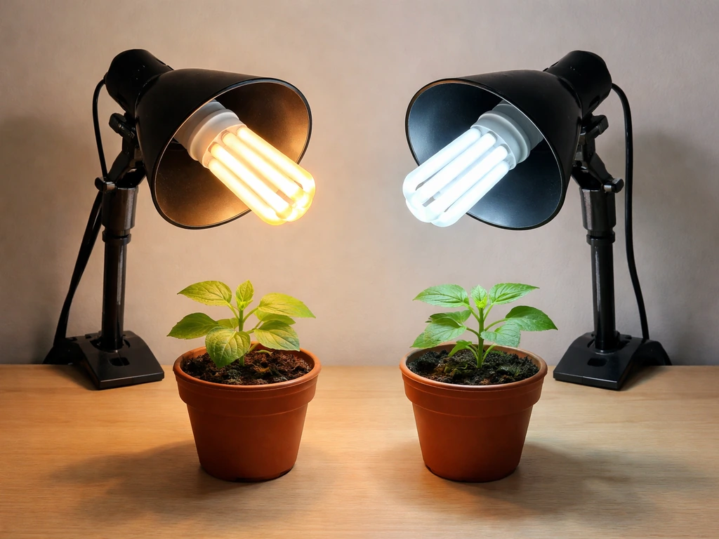 Two CFL grow bulbs casting warm and cool light onto potted seedlings in separate simple setups.