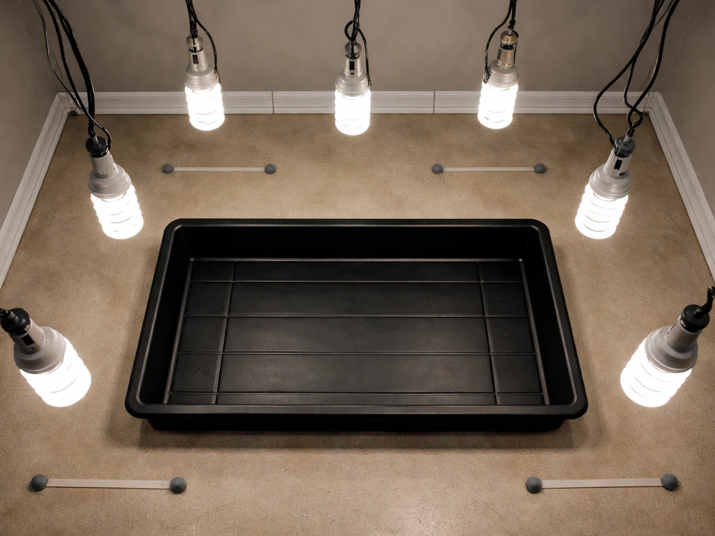 Overhead view of a simple indoor grow setup with several CFL bulbs above a grow tray, showing spacing.