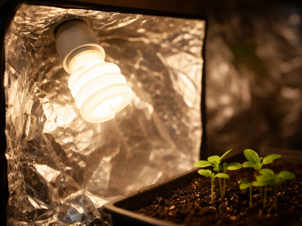 Bare CFL bulb behind a simple mylar reflector shining light toward small seedlings.