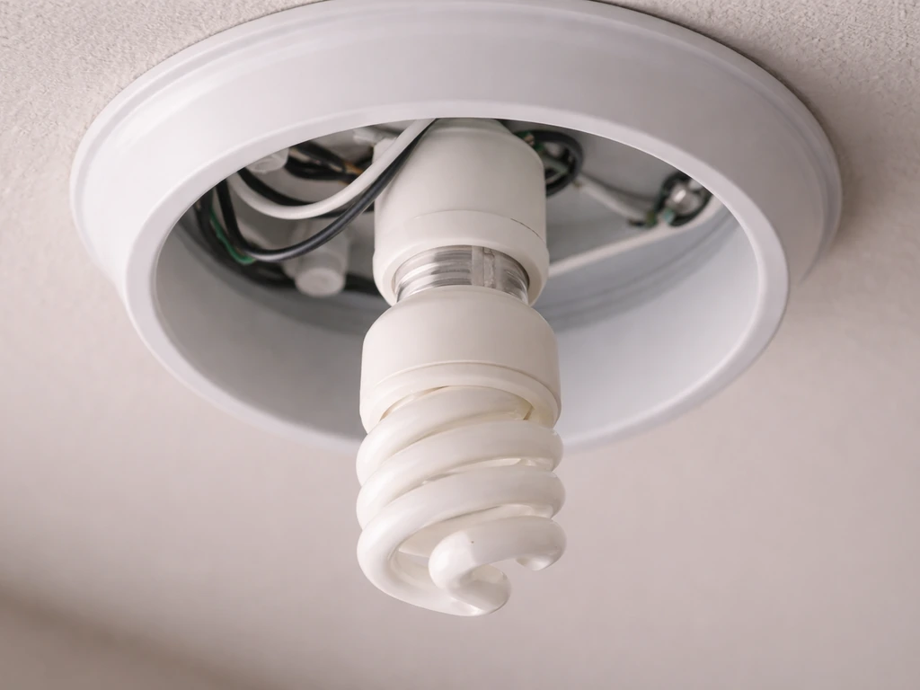 Close-up of a CFL bulb securely installed in a properly rated light fixture with no exposed wiring.