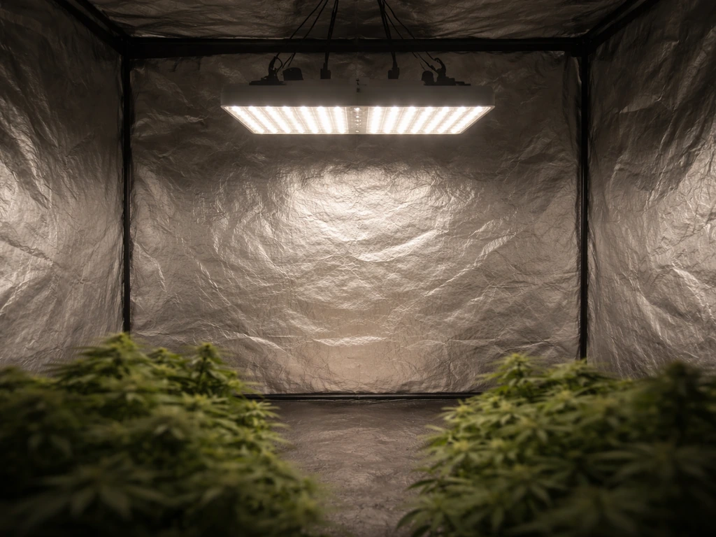 LED grow light hanging over a small tent, highlighting a brighter 3x3 coverage area at 6 inches.