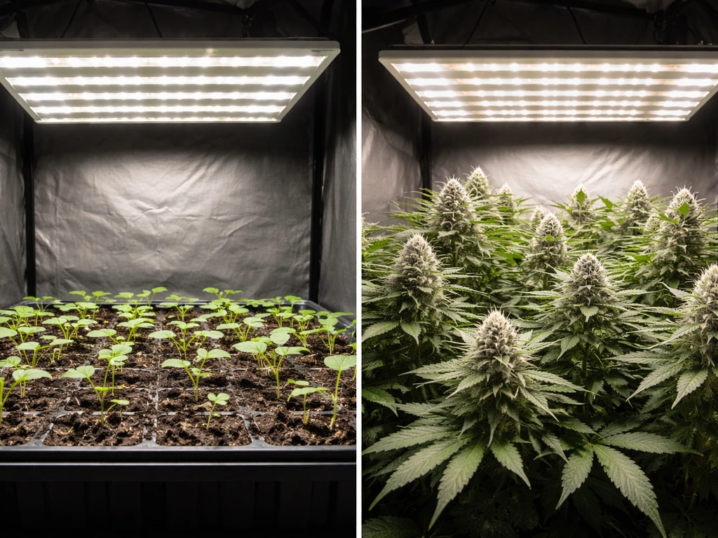 Split view of seedlings and flowering plants under white LED light, showing safe mounting height spacing