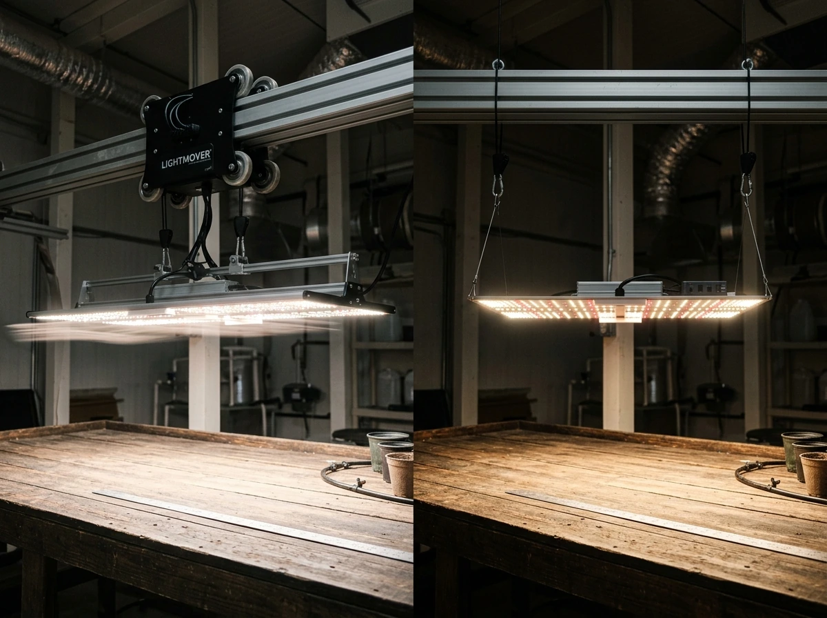Mover on a rail next to a fixed hanging grow light for comparison