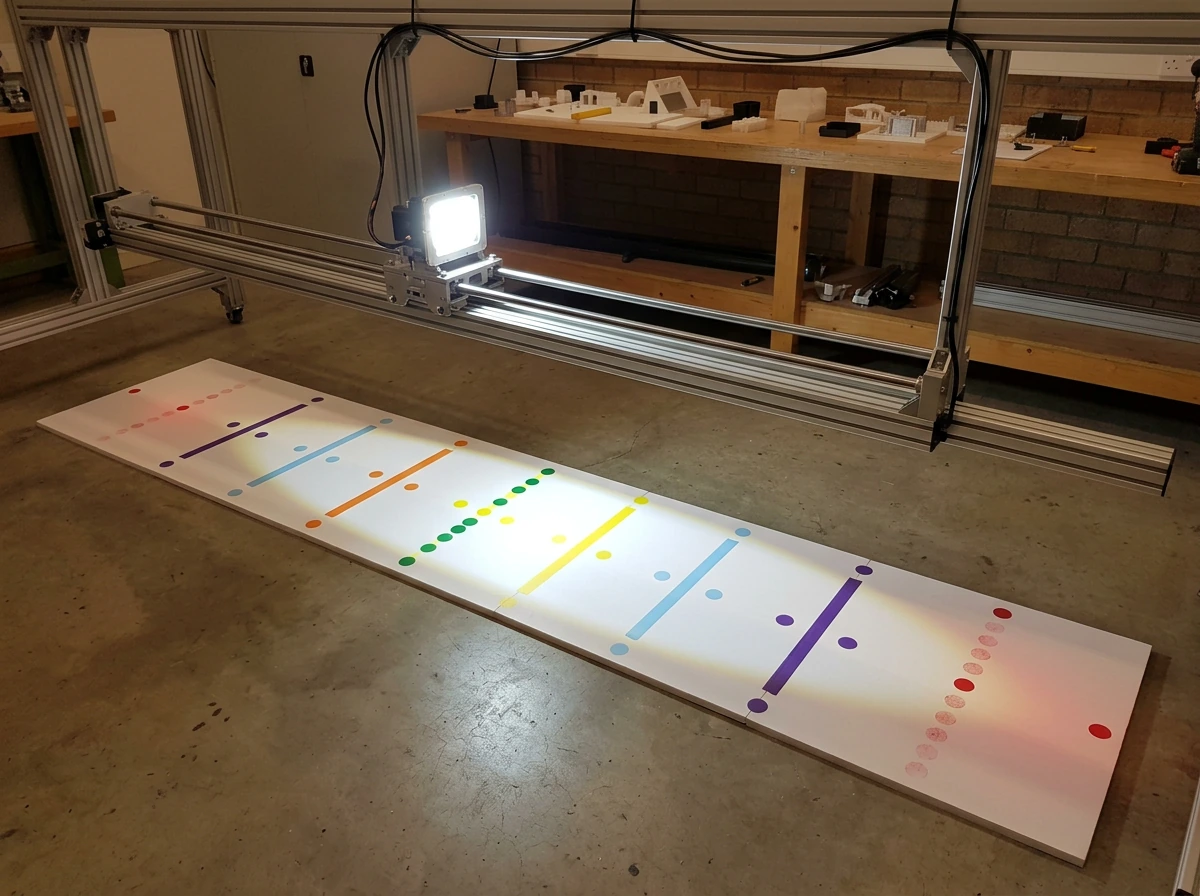 Under-canopy coverage target showing light footprint beyond the mover rail