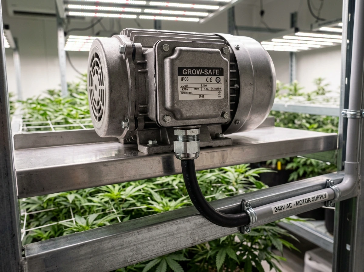 Sealed motor housing and protected wiring connection under grow-tent conditions