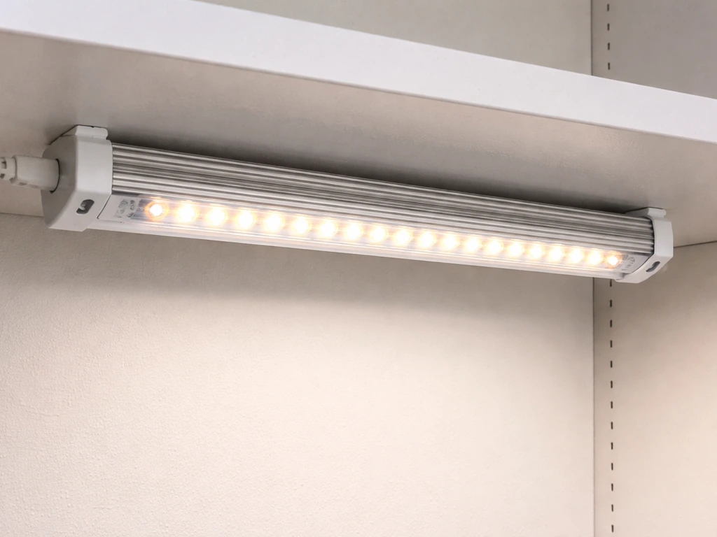 Barrina LED T8 grow light mounted under a shelf, showing long aluminum housing and LED strip details.