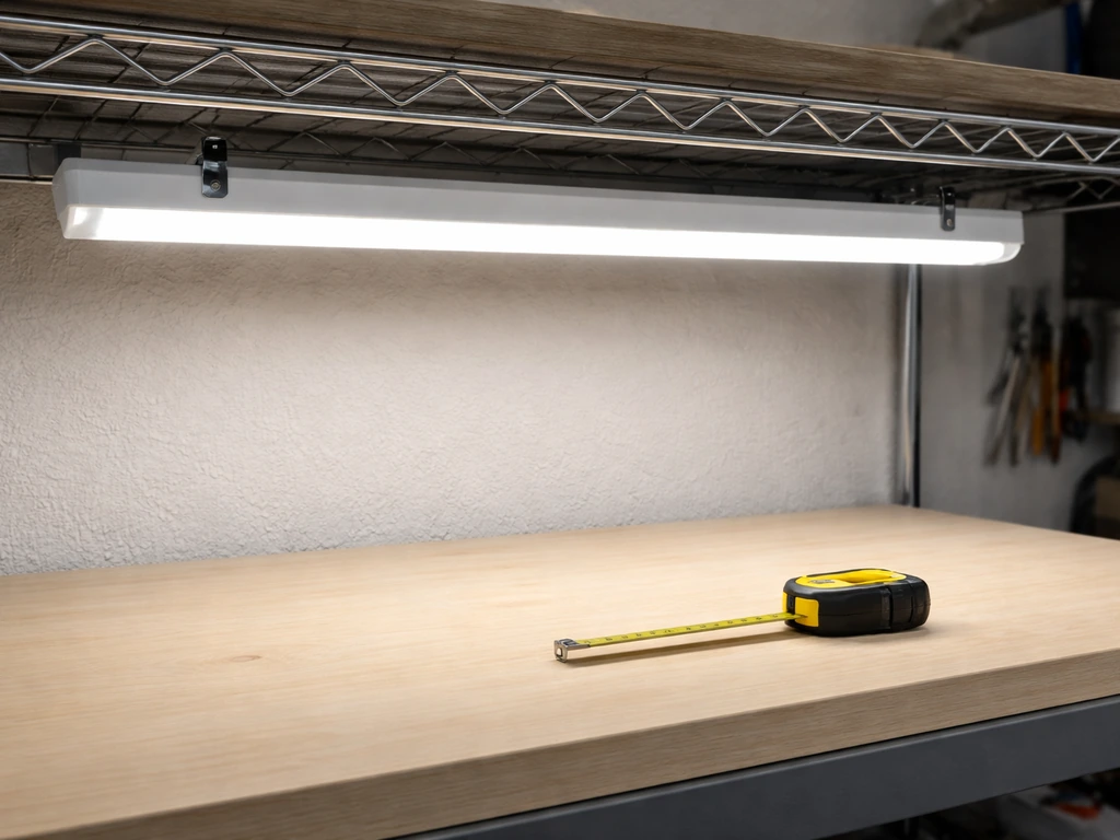 4FT LED light fixture mounted 8 inches above a canopy on a shelf rack for testing.