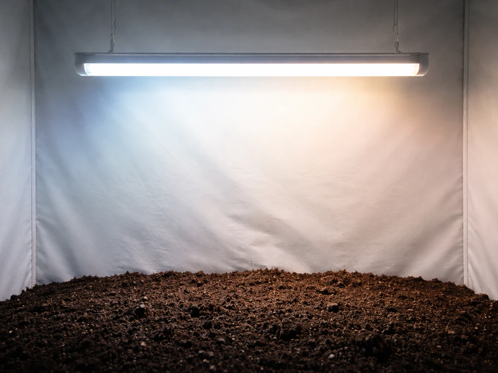 Minimal photo of a grow light glowing over dark soil, showing cool daylight spectrum ambiance
