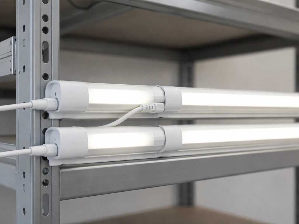 Three daisy-chained LED T8 fixtures mounted on a shelf rack with visible linked power connectors.