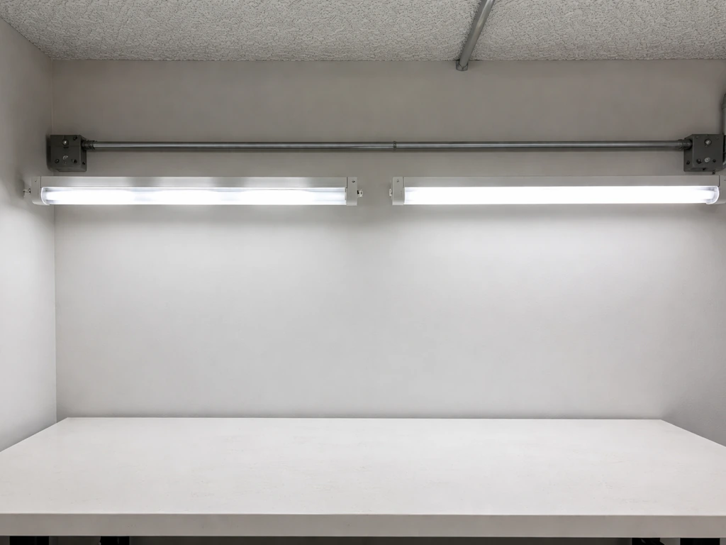 Two LED T8 light fixtures above a workbench: one shows uneven flicker, the other glows evenly.
