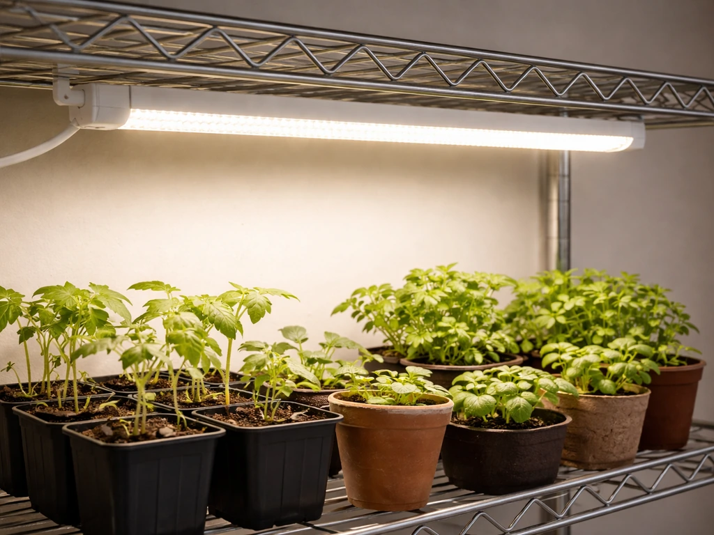 Hyper Tough 24-inch LED grow light bar glowing over healthy seedlings on a shelf.