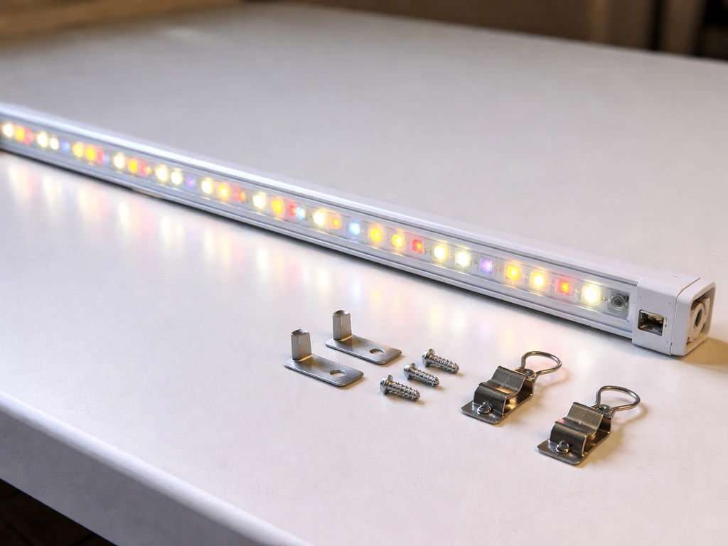 Close-up of a 24-inch full-spectrum LED grow light bar with mounting hardware laid out on a tabletop