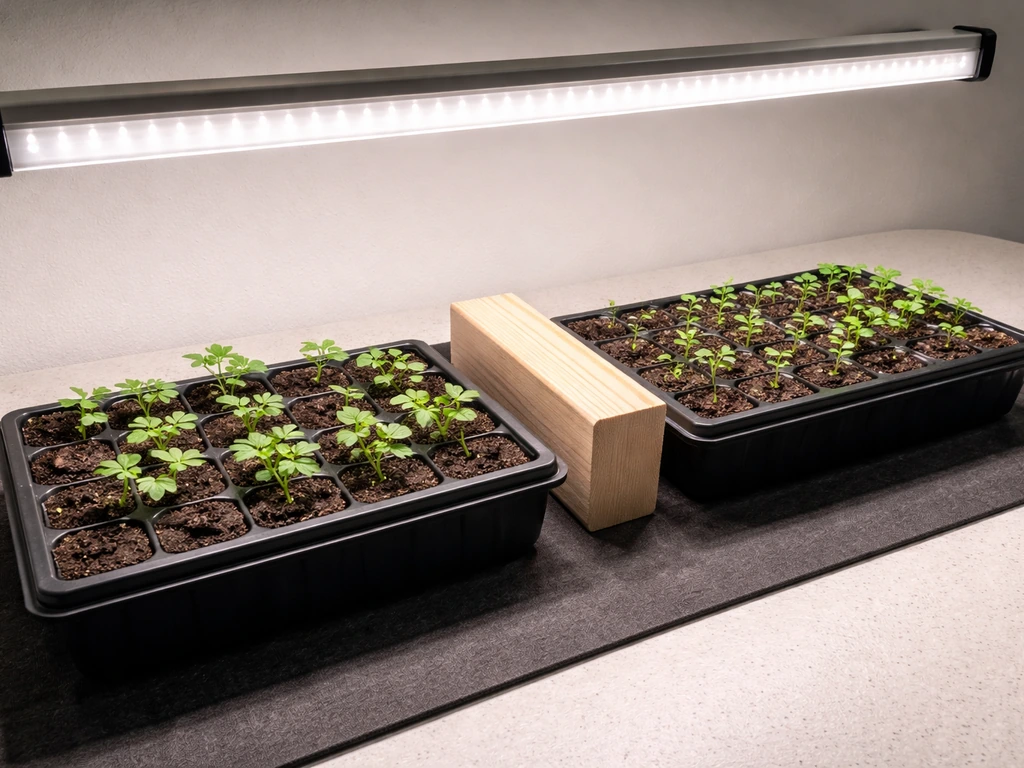 Top-down view of seedlings under a 24-inch LED bar with a visible small gap between light and plants.