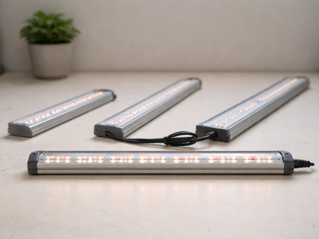 Hyper Tough-style 24-inch LED grow light bar on a table beside two similar bars in a simple grow setup.