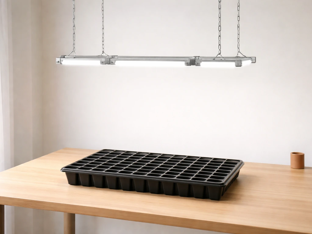 Small seedling tray under several hanging grow-light bars with chain positioning shown