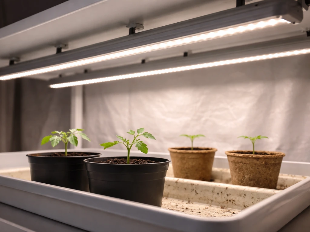 Three LED grow light bars over a small indoor shelf with seedlings at different distances