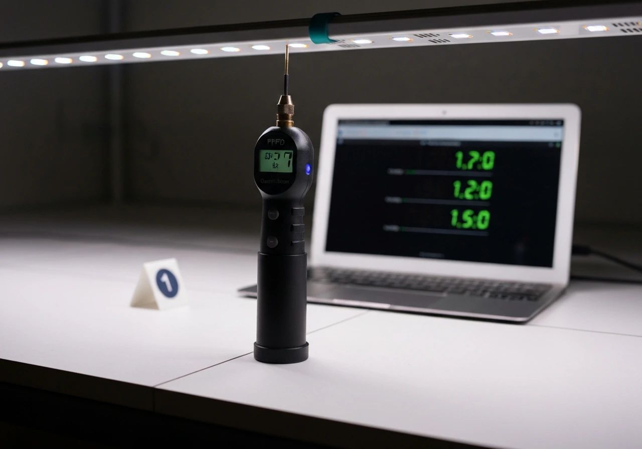 PPFD quantum sensor at canopy height under an LED strip, with a laptop showing live readings nearby.