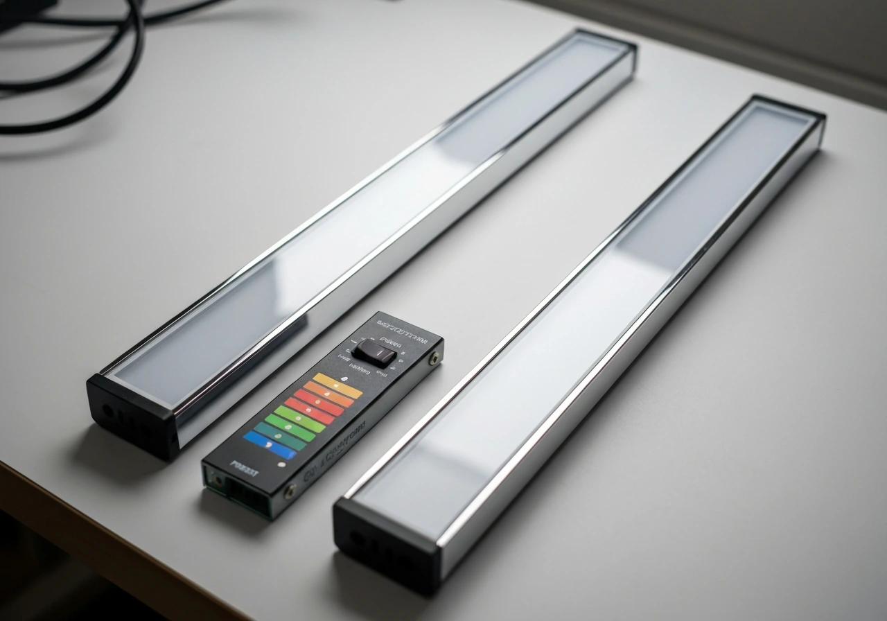 Close-up of a 2x2 light-bar kit with visible spectrum selection controls on a simple workbench.