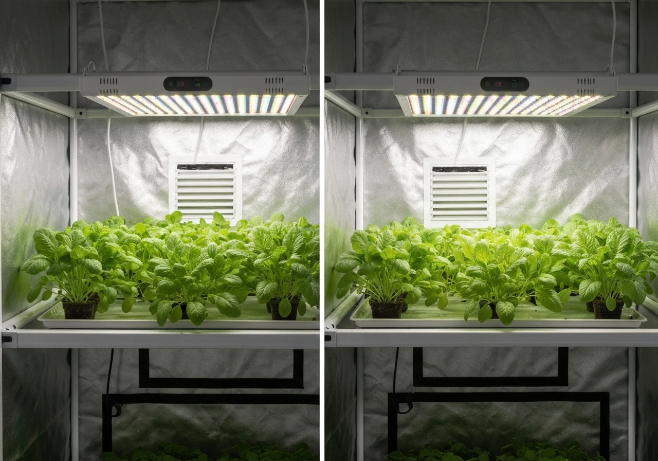 Indoor grow tent showing an LED strip mounted closer vs farther above seedlings for coverage comparison