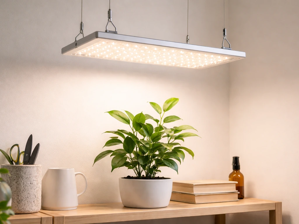 Dimmable LED grow light panel mounted above a small indoor plant on a simple shelf setup