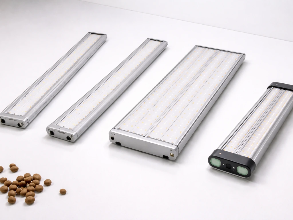 Four different LED grow light fixtures arranged side-by-side on a simple workbench for quick comparison.