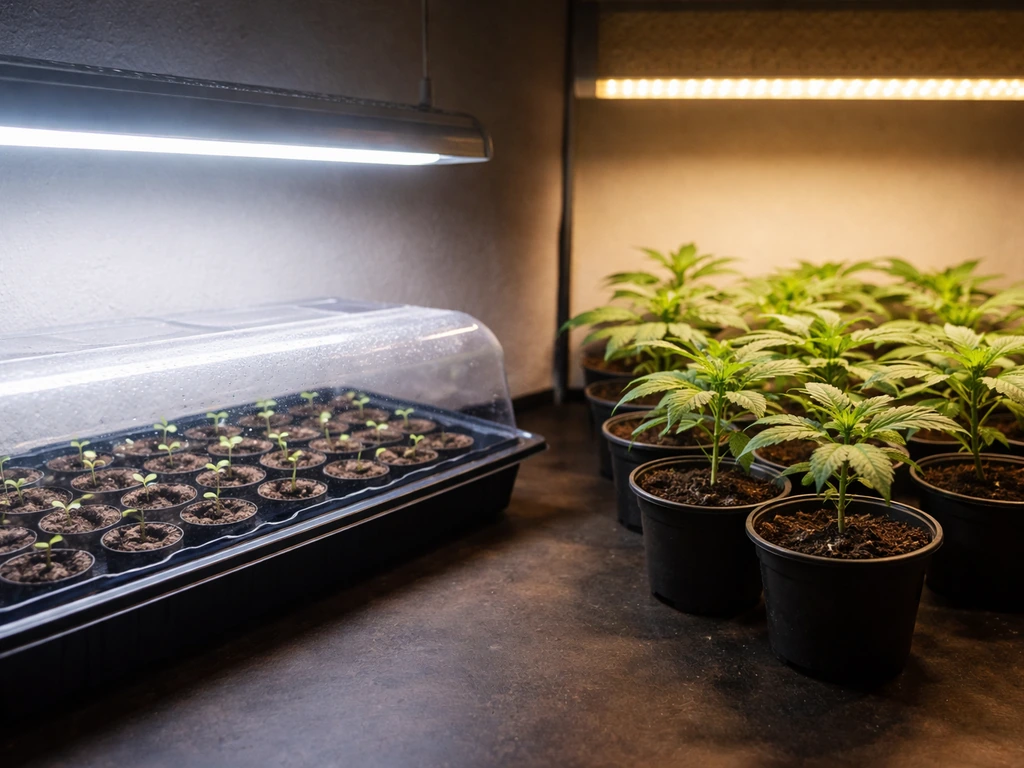 Seedling propagation trays under a cool dim grow light, next to a warmer vegetative setup in a simple indoor grow area.