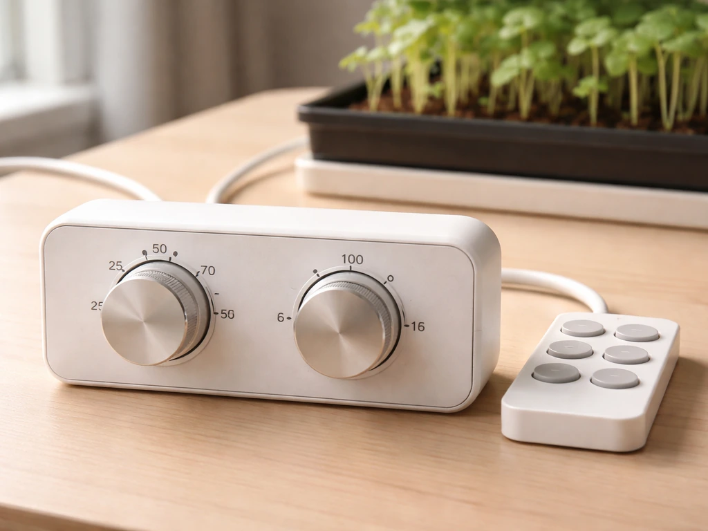 Close-up of a grow-light control module with dimming and timer dials and a small remote panel.