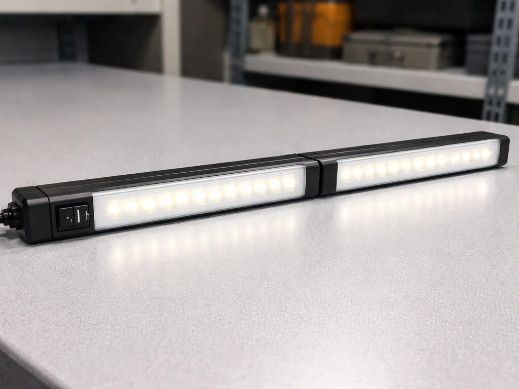 Two-foot linked bar LED grow light with visible rocker switch on a garage workbench
