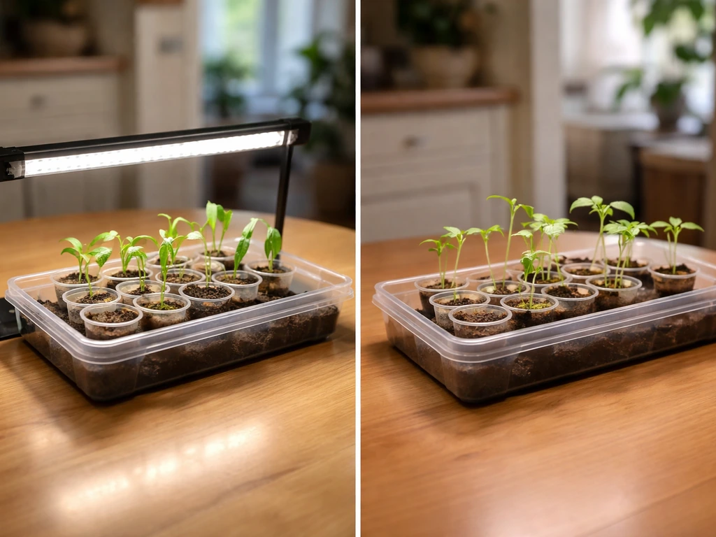 Seedlings under a bar light 2–4 inches above trays compared with the same plants under room light
