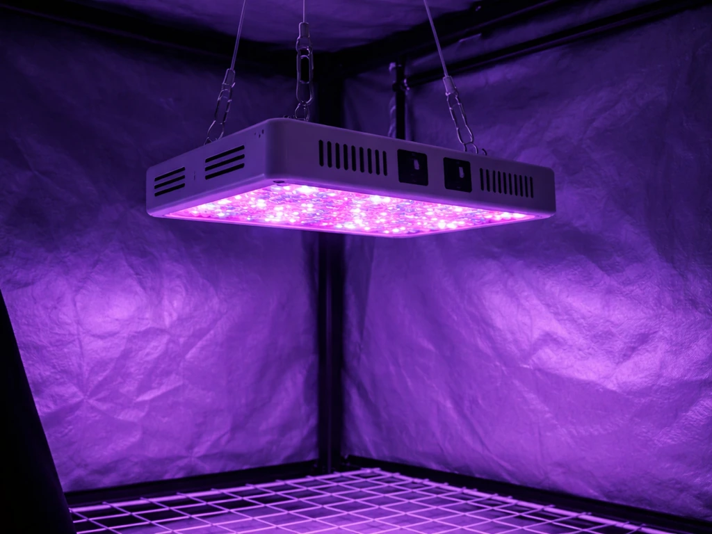 Apelila LED grow light fixture hanging over a small grow tent, minimal setup showing dual-style blurple lighting.