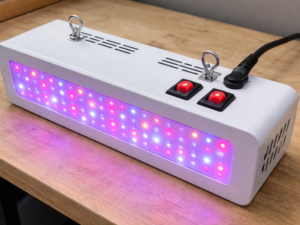 Close-up of a blurple LED grow light showing dual switch banks and hanging hardware.