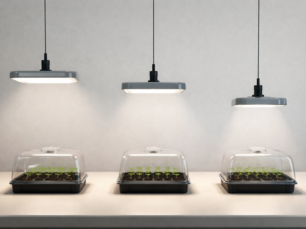 Three seedling domes with grow lights at different heights side-by-side to compare coverage.