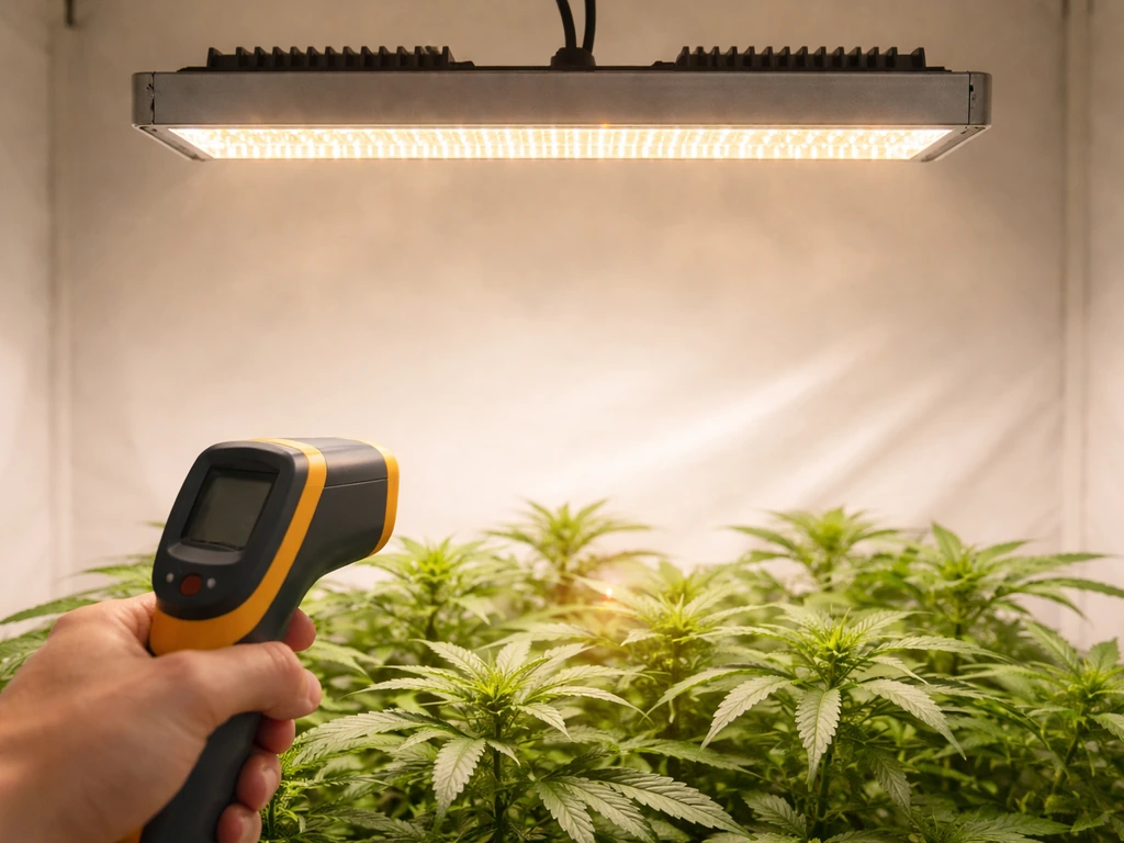 LED grow light mounted over plants while a non-contact thermometer measures canopy heat near the fixture.