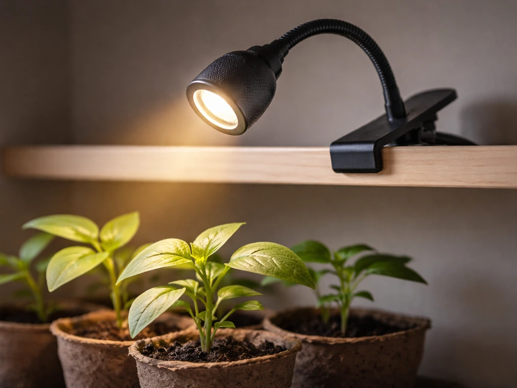 Compact 10W clip-on grow light casting warm full-spectrum glow over healthy seedlings.