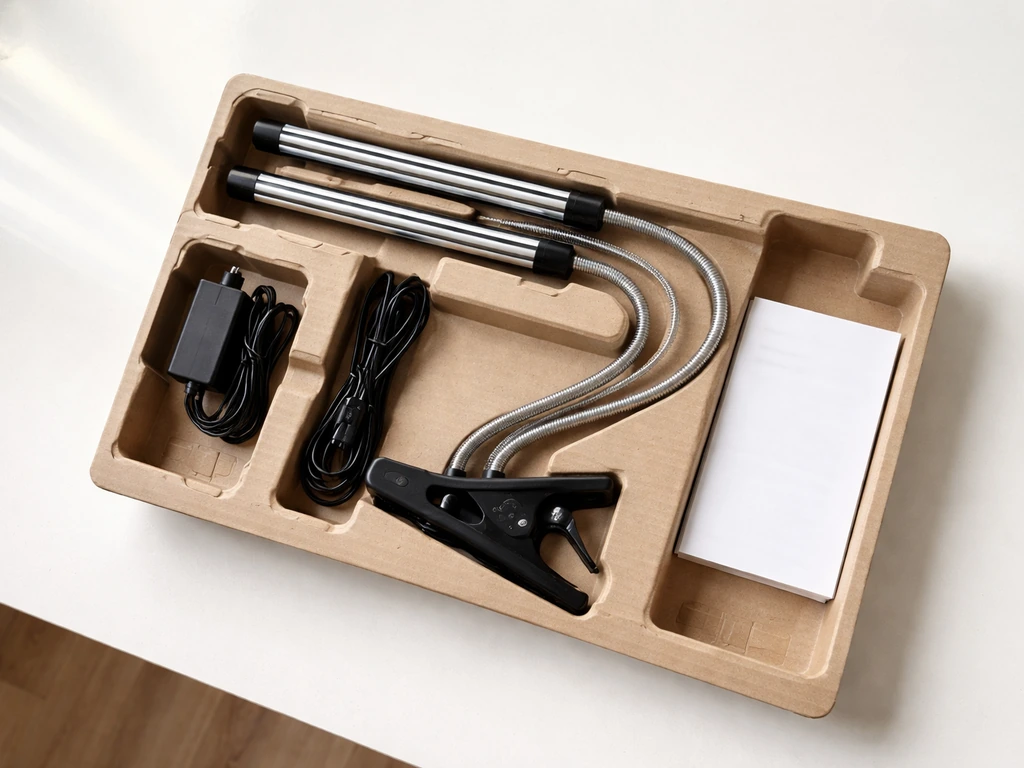 Clip-on grow light, power adapter, and user manual neatly laid out from an open box on a table.
